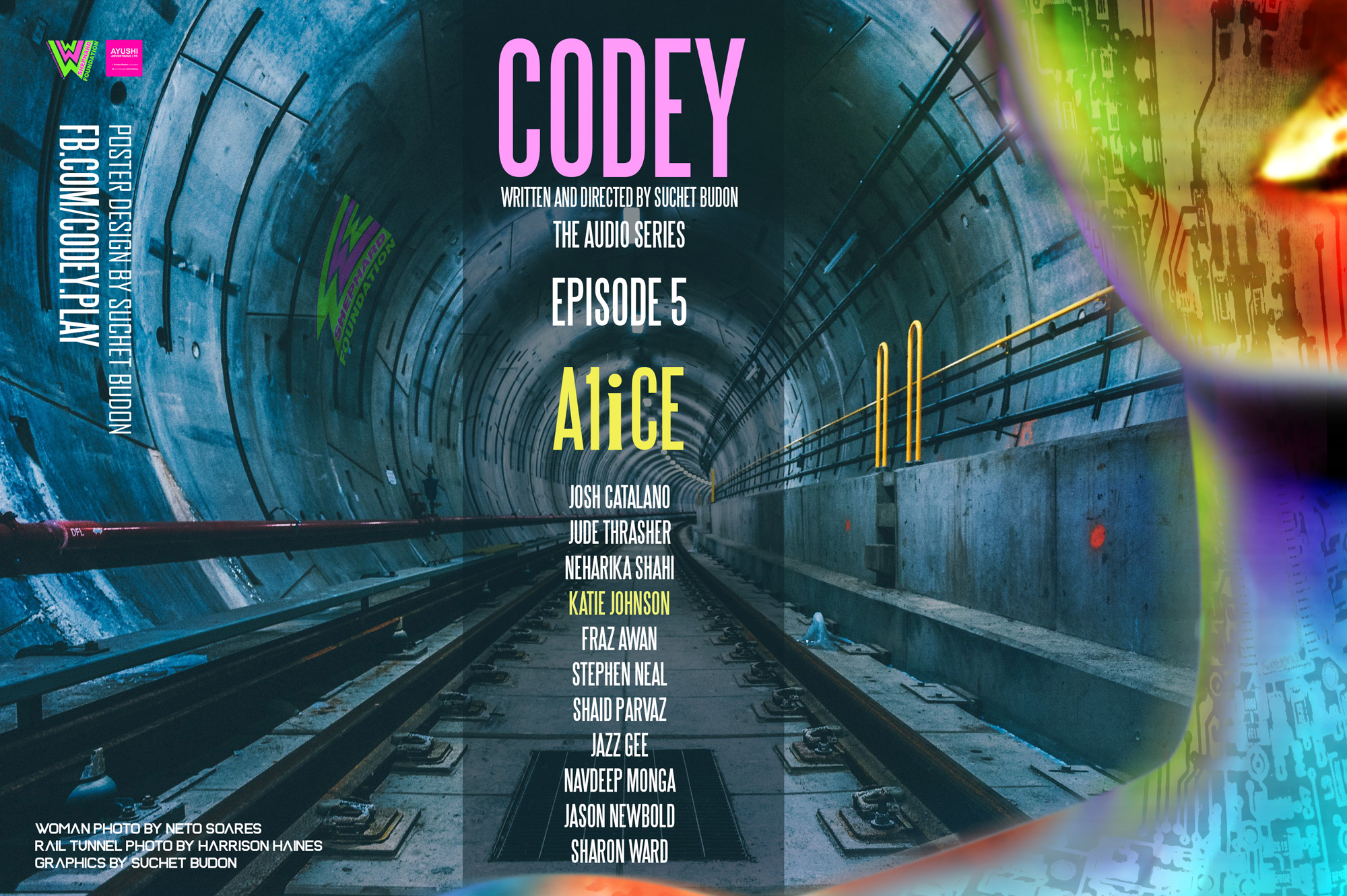 A poster image depicting a cyborg lady and a railway tunnel behind her. It's the poster for CODEY EPISODE 5: ALICE. Katie Johnson plays the role of Alice in the CODEY audio series.