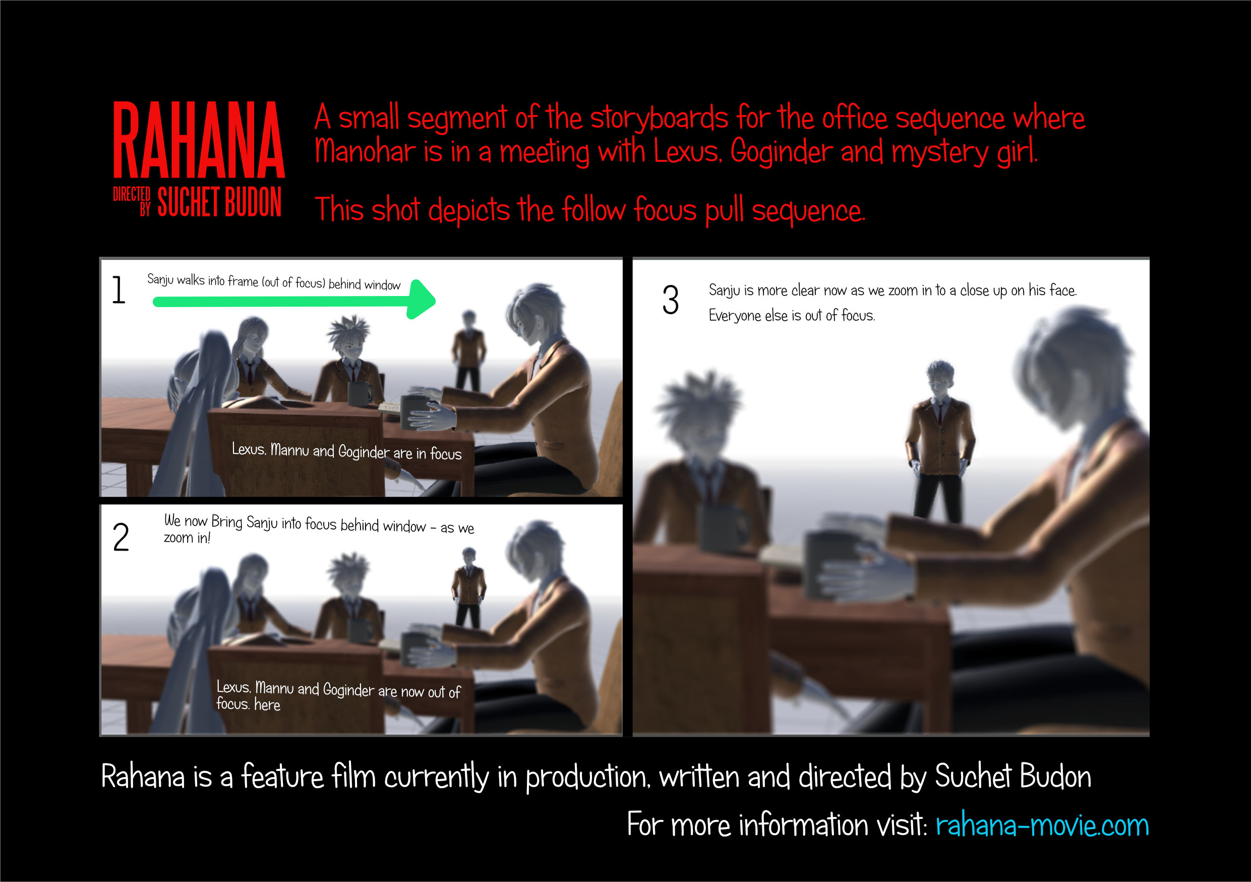 Some 3D storyboard images of people in an office