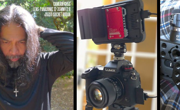 A collage of images first image is of Jimmy Elizaga in the role of Padre Emilio and the second image is of one of the Lumix S1 camera rig with Atomos Ninja V and Lunchbox SSD. 3rd image in the collage is of the SIGMA fp camera rig with a 4omm Canon lens attached using an electronic fusion adapter,